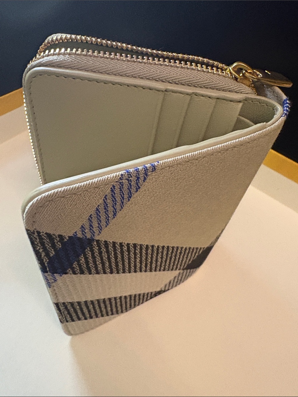 Burberry Canvas Plaid Zip Wallet - Beige and Navy